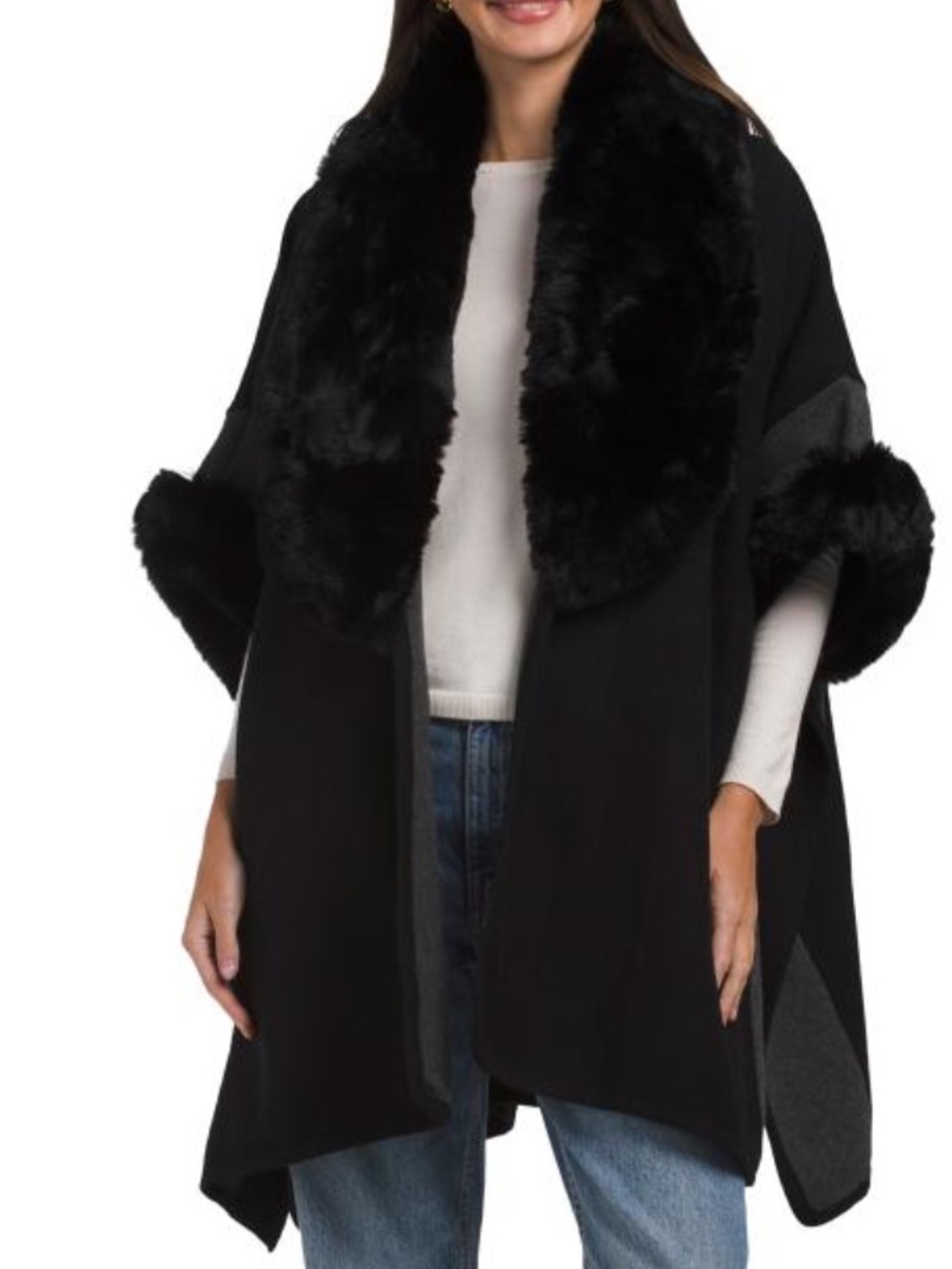 Max Studio Two Tone Faux-Fur Trim Ruana